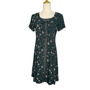 Vtg Another Thyme Women’s 4 A-Line Dress Green Floral Rayon Cottage Core 90s
